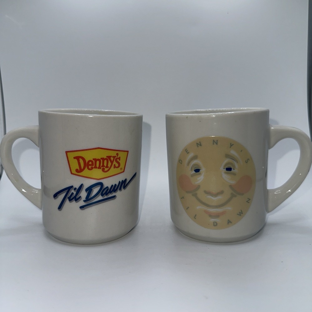 Vintage Dennys Til Dawn Coffee Mugs Set of 2 Moon Face Ceramic Diner Cups White